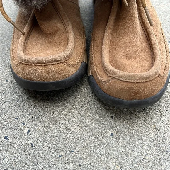 Lands End Leather Faux Fur Lined Brown Ankle Booties -Moccasins - Picture 3 of 7